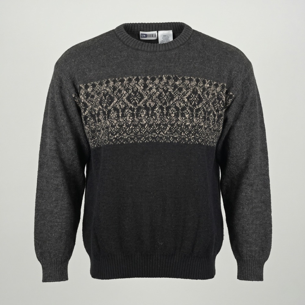 United Mens Large Black Gray Sweater Crewneck Fair Isle Geometric Knit Pullover